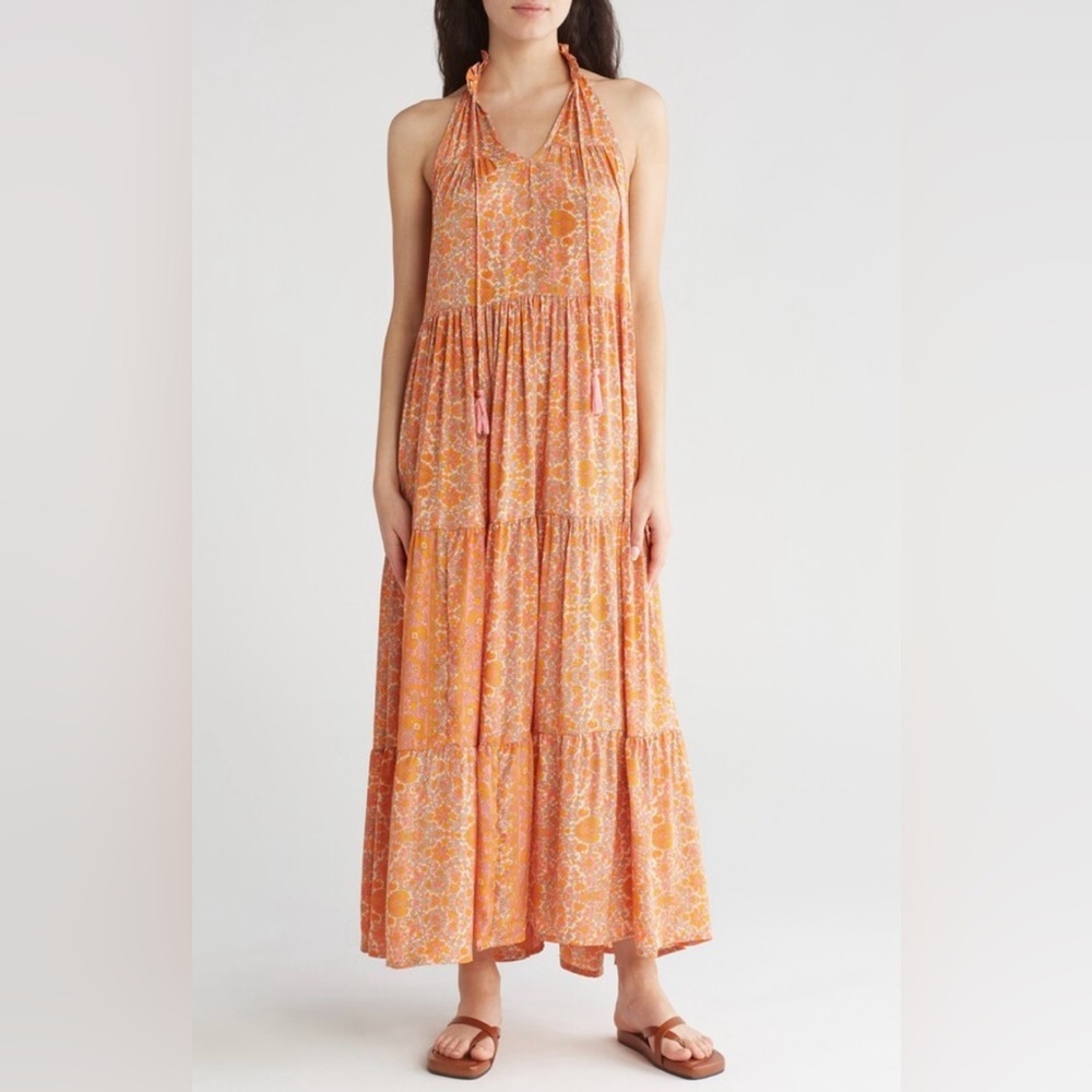 Anthropologie RAGA Orange Pink Fall Floral Shalina Ruffle Tie Collar Tiered Maxi